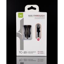 АЗУ DC 2в1 блок (1 PD / 30W + 1 QC3.0 / 24W Fast Charge) + кабель (Type-C - Lightning 20W) (TC-20) черный