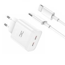 МЗП DC 2в1 блок (2 PD / 35W Fast Charger) + кабель (Type-C - Lightning 20W) (CA-D17) білий
